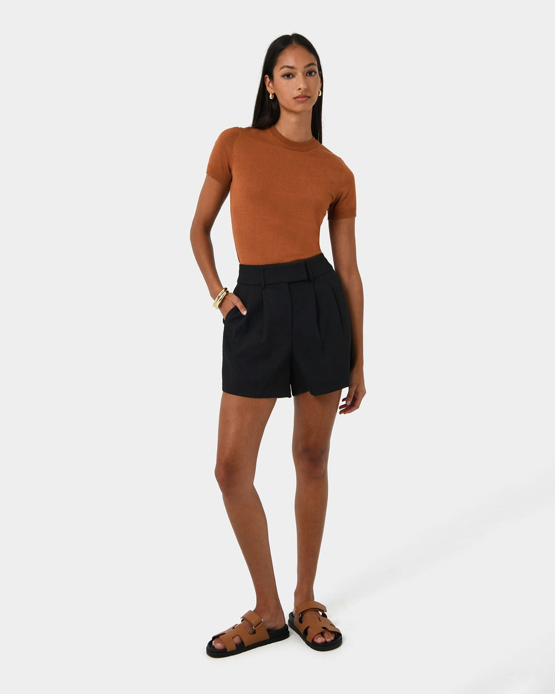 Pleated Mid-Rise Shorts with Side Pockets for Women