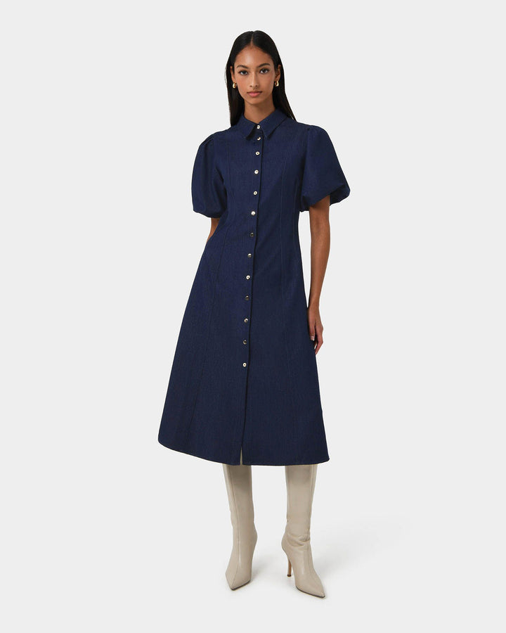 Midi Dress with Puff Sleeves and Button Front for Women