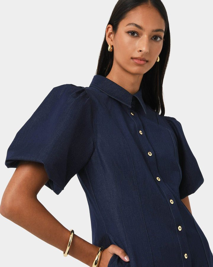 Midi Dress with Puff Sleeves and Button Front for Women
