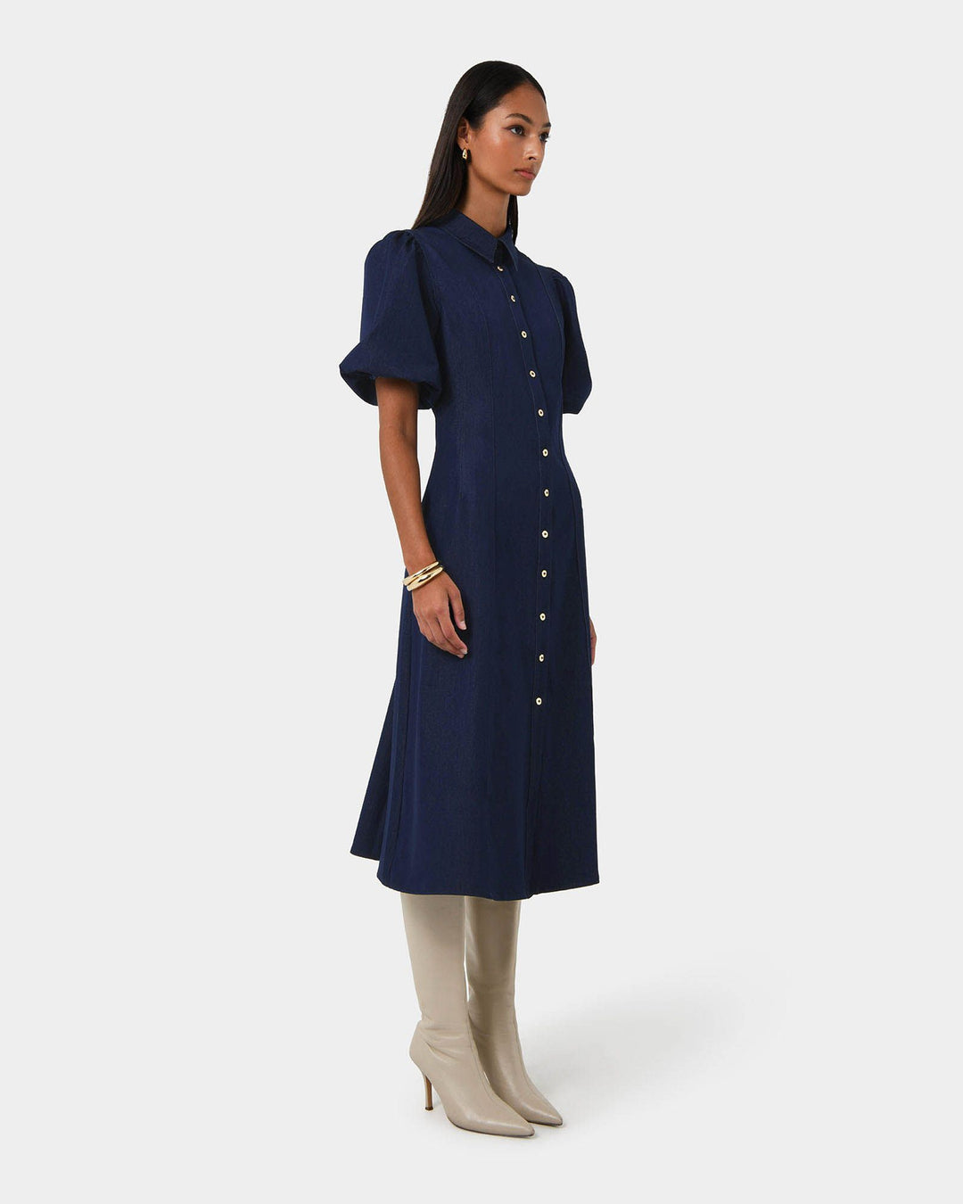 Midi Dress with Puff Sleeves and Button Front for Women