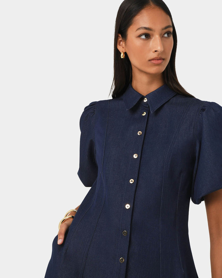 Midi Dress with Puff Sleeves and Button Front for Women