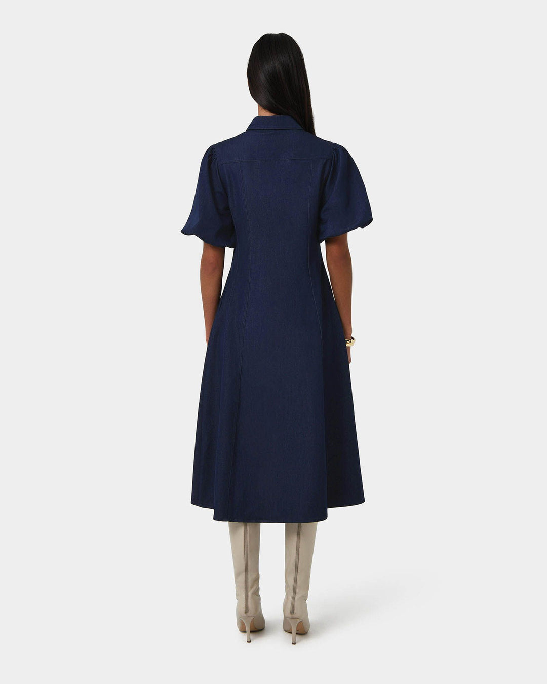 Midi Dress with Puff Sleeves and Button Front for Women