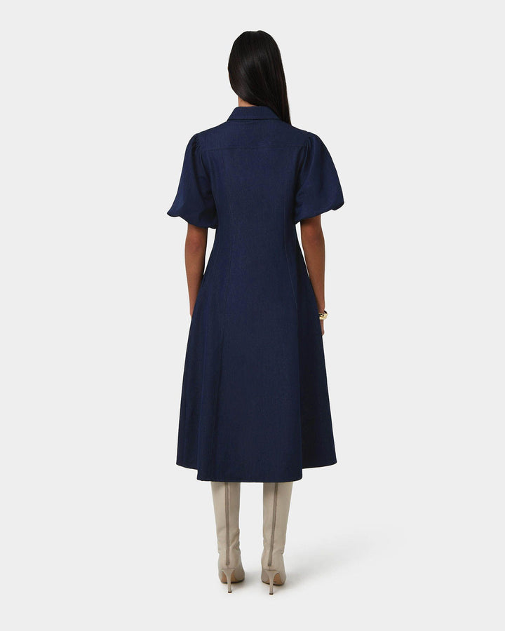 Midi Dress with Puff Sleeves and Button Front for Women