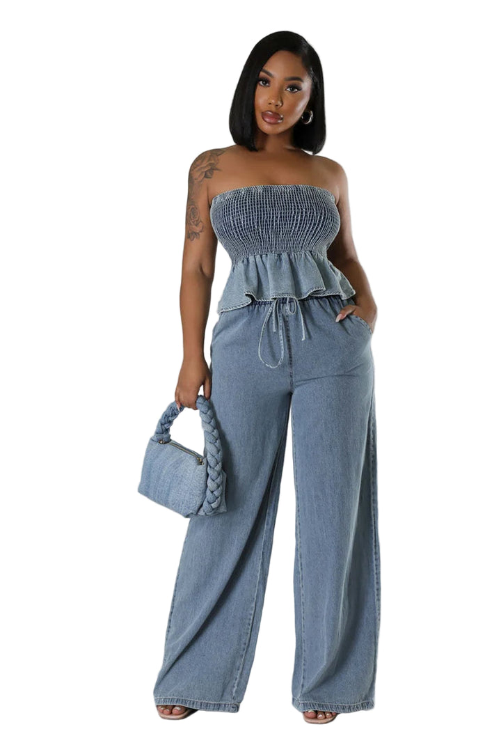 Women’s Strapless Top and Wide-Leg Pants Set
