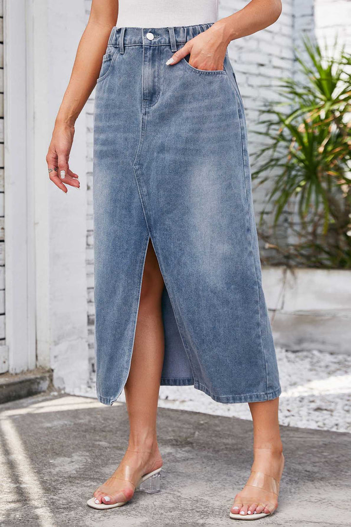 Women's Denim Midi Skirt with Front Slit
