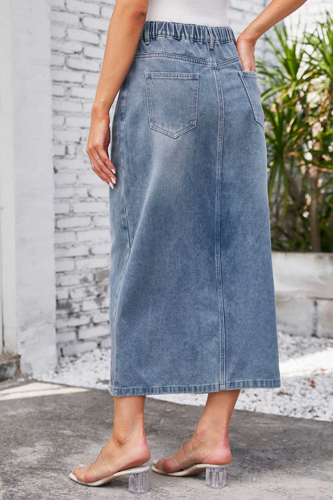 Women's Denim Midi Skirt with Front Slit