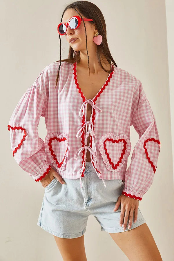 Women's Gingham Tie-Front Blouse with Heart Pockets and Ric-Rac Trim