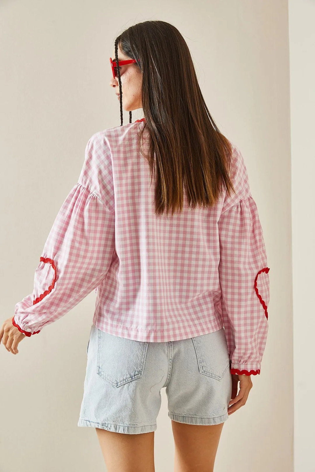 Women's Gingham Tie-Front Blouse with Heart Pockets and Ric-Rac Trim