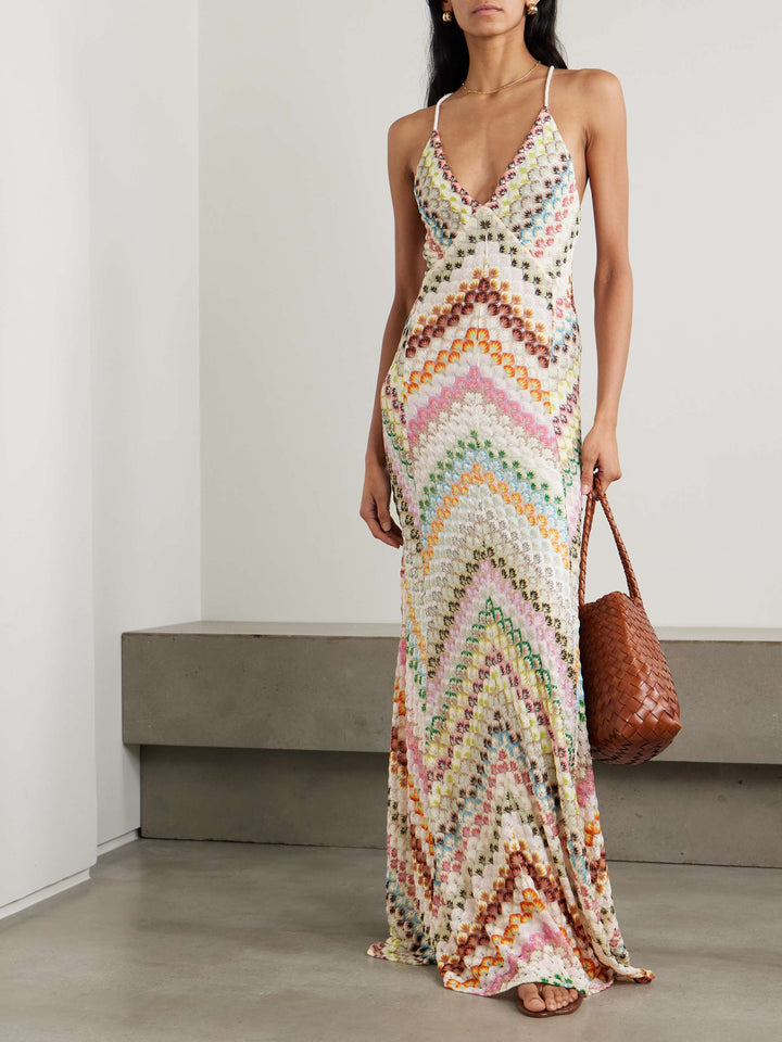 Women's Halter Maxi Dress with Knitted Pattern Design