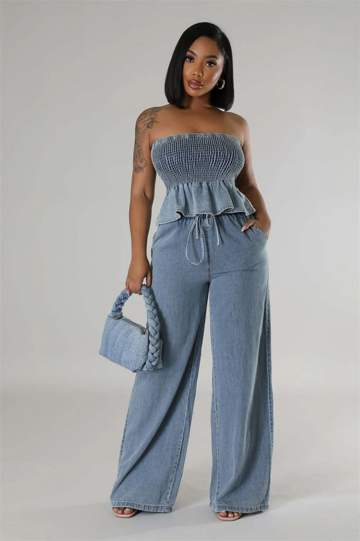 Women's Two Piece Denim Set with Strapless Smocked Top and Drawstring Pants