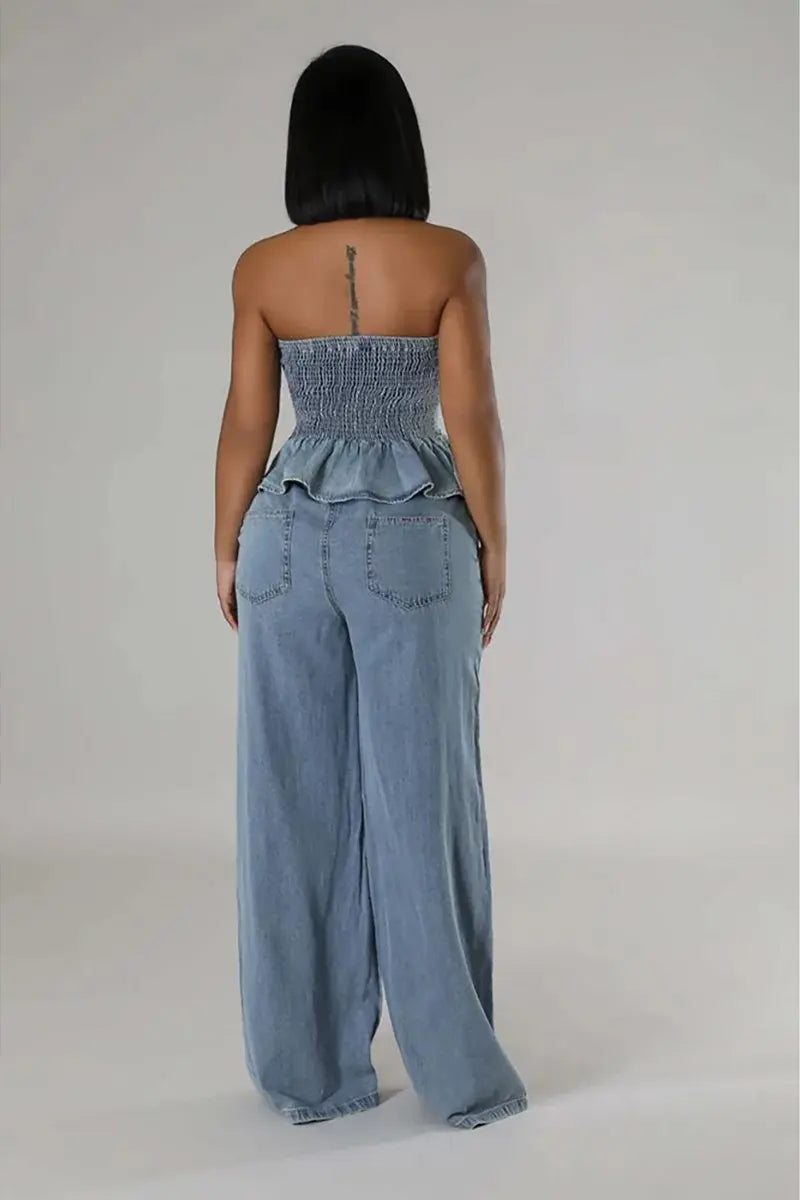 Women's Two Piece Denim Set with Strapless Smocked Top and Drawstring Pants