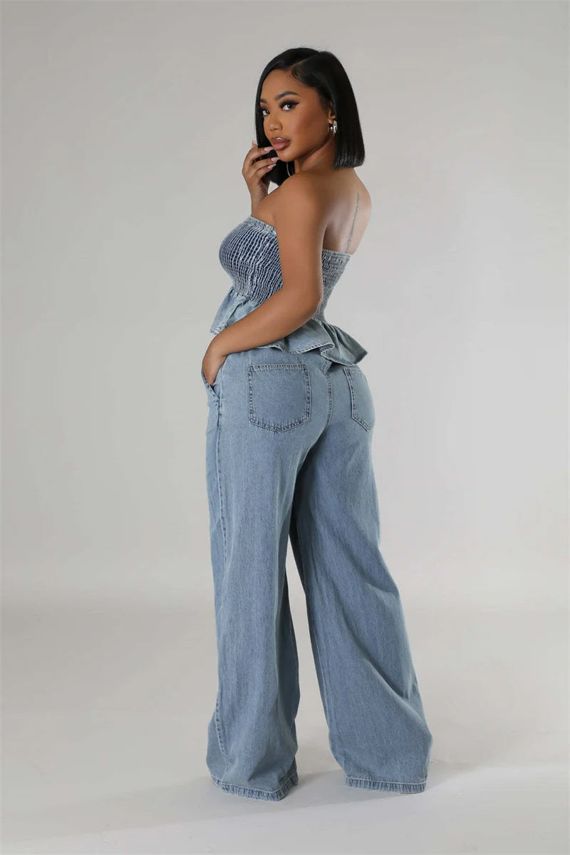 Women's Two Piece Denim Set with Strapless Smocked Top and Drawstring Pants