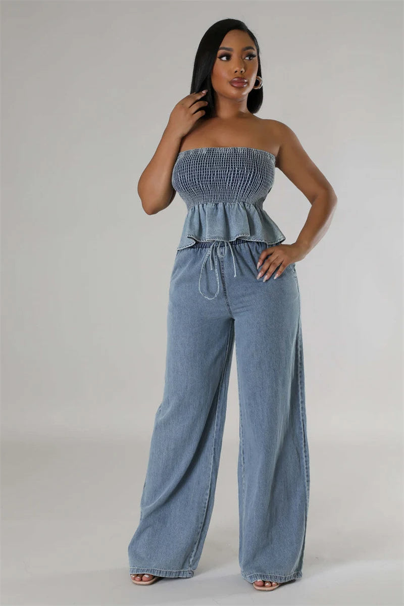 Women's Two Piece Denim Set with Strapless Smocked Top and Drawstring Pants